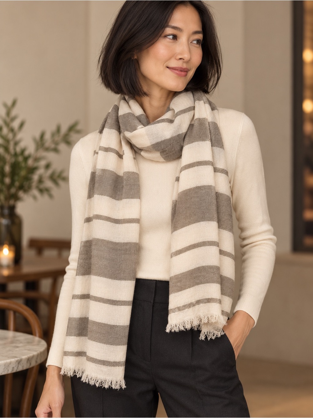 Banana Republic Oversized Cream Taupe Striped Fringe Scarf Wrap